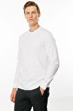 Erkek Sıfır Yaka Basic Uzun Kollu Pamuklu T-shirt Beyaz