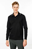 Erkek Polo Yaka Uzun Kollu Sweatshirt Siyah