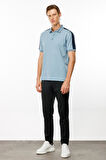 Erkek Polo Yaka Omuzu Şeritli T-shirt Mavi