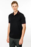 Erkek Polo Yaka Yakası Şerit Desenli T-shirt Siyah