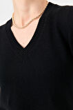 Kadın V Yaka Klasik Yün Kazak Siyah