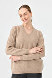 Kadın V Yaka Klasik Yün Kazak K.Bej