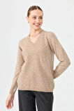 Kadın V Yaka Klasik Yün Kazak K.Bej