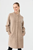 Kadın Dik Yaka Basic Uzun Yün Kaban K.Bej