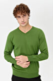 Erkek Basic V Yaka İnce Triko Kazak K.Yosun