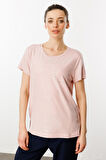 Kadın Sıfır Yaka Düşük Kollu T-shirt Pudra