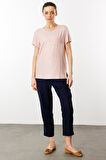 Kadın Sıfır Yaka Düşük Kollu T-shirt Pudra
