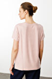 Kadın Sıfır Yaka Düşük Kollu T-shirt Pudra