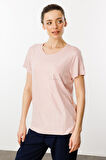 Kadın Sıfır Yaka Düşük Kollu T-shirt Pudra