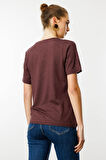 Kadın V Yaka Flamlı Kumaş Basic Tshirt Kahve