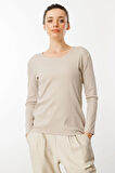 Kadın Sıfır Yaka Uzun Kol Basic Pamuklu Bluz Bej