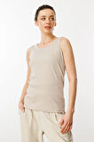 Kadın Sıfır Yaka Kaşkorse Pamuklu Askılı T-shirt Bej