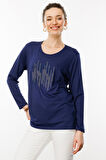 Kadın Sıfır Yaka Taş Baskılı Penye Bluz Lacivert
