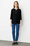 Kadın Açma Yaka Önü Düğmeli Bluz Siyah