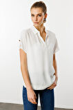 Kadın Polo Yaka Düşük Kollu Gömlek Ekru