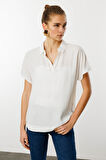 Kadın Polo Yaka Düşük Kollu Gömlek Ekru