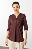 Kadın Açma Yaka Önü Düğmeli Penye Bluz Kahve