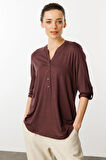 Kadın Açma Yaka Önü Düğmeli Penye Bluz Kahve