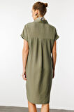 Kadın Polo Yaka Cebi Zincir Detaylı Elbise Haki