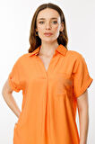 Kadın Polo Yaka Cebi Zincir Detaylı Elbise Oranj