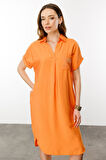 Kadın Polo Yaka Cebi Zincir Detaylı Elbise Oranj