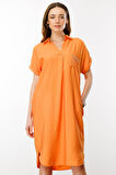 Kadın Polo Yaka Cebi Zincir Detaylı Elbise Oranj