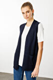 Kadın Cepli Yazlık Triko Yelek Lacivert