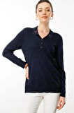 Kadın Polo Yaka Yakası Nakışlı Bluz Lacivert