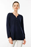 Kadın Açma Yaka Düğmeli Triko Bluz Lacivert