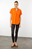 Kadın Polo Yaka Düşük Kol Gömlek Oranj
