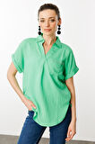Kadın Polo Yaka Düşük Kol Gömlek Yeşil