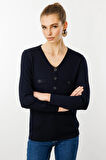 Kadın V Yaka Fitilli Triko Bluz Lacivert