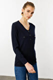 Kadın V Yaka Fitilli Triko Bluz Lacivert