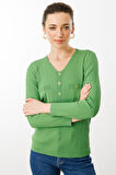 Kadın V Yaka Fitilli Triko Bluz Yosun