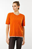 Kadın Sıfır Yaka Baklava Desenli T-shirt Oranj
