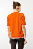 Kadın Sıfır Yaka Baklava Desenli T-shirt Oranj