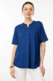 Kadın Yakası Düğmeli Penye T-shirt İndigo