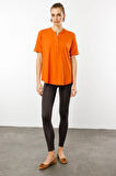 Kadın Yakası Düğmeli Penye T-shirt Turuncu