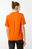 Kadın Yakası Düğmeli Penye T-shirt Turuncu