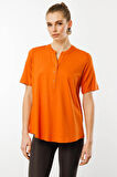 Kadın Yakası Düğmeli Penye T-shirt Turuncu