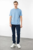 Erkek Sıfır Yaka Pamuklu T-shirt Mavi