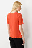 Kadın Açma Yaka Önü Cepli Pamuklu T-shirt Kiremit