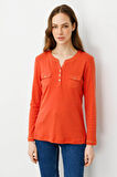 Kadın Açma Yaka Önü Cepli Pamuklu Bluz Kiremit