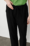 Kadın Beli Lastikli Keten Pantolon Siyah