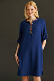 Kadın Etnik Desen Nakışlı Keten Elbise Lacivert