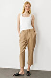 Kadın Beli Lastikli Yan Cepli Havuç Kesim Keten Pantolon Camel