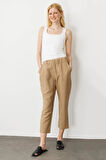Kadın Beli Lastikli Yan Cepli Havuç Kesim Keten Pantolon Camel