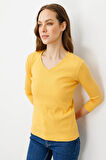 Kadın V Yaka Kaşkorse Pamuk Bluz Hardal