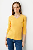 Kadın V Yaka Kaşkorse Pamuk Bluz Hardal
