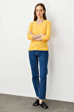 Kadın V Yaka Kaşkorse Pamuk Bluz Hardal